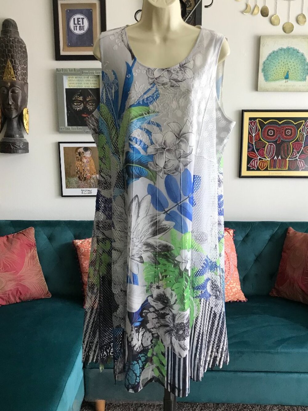 KAMANA size XL Blue Green & Gray Floral Burnout Textured Sleeveless Dress Artsy